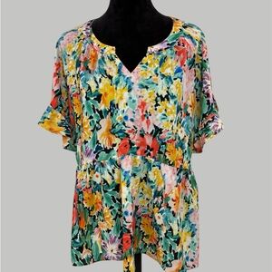 Umgee Large Women's Vibrant Floral Blouse‎ Babydoll Ruffle  - Multicolor